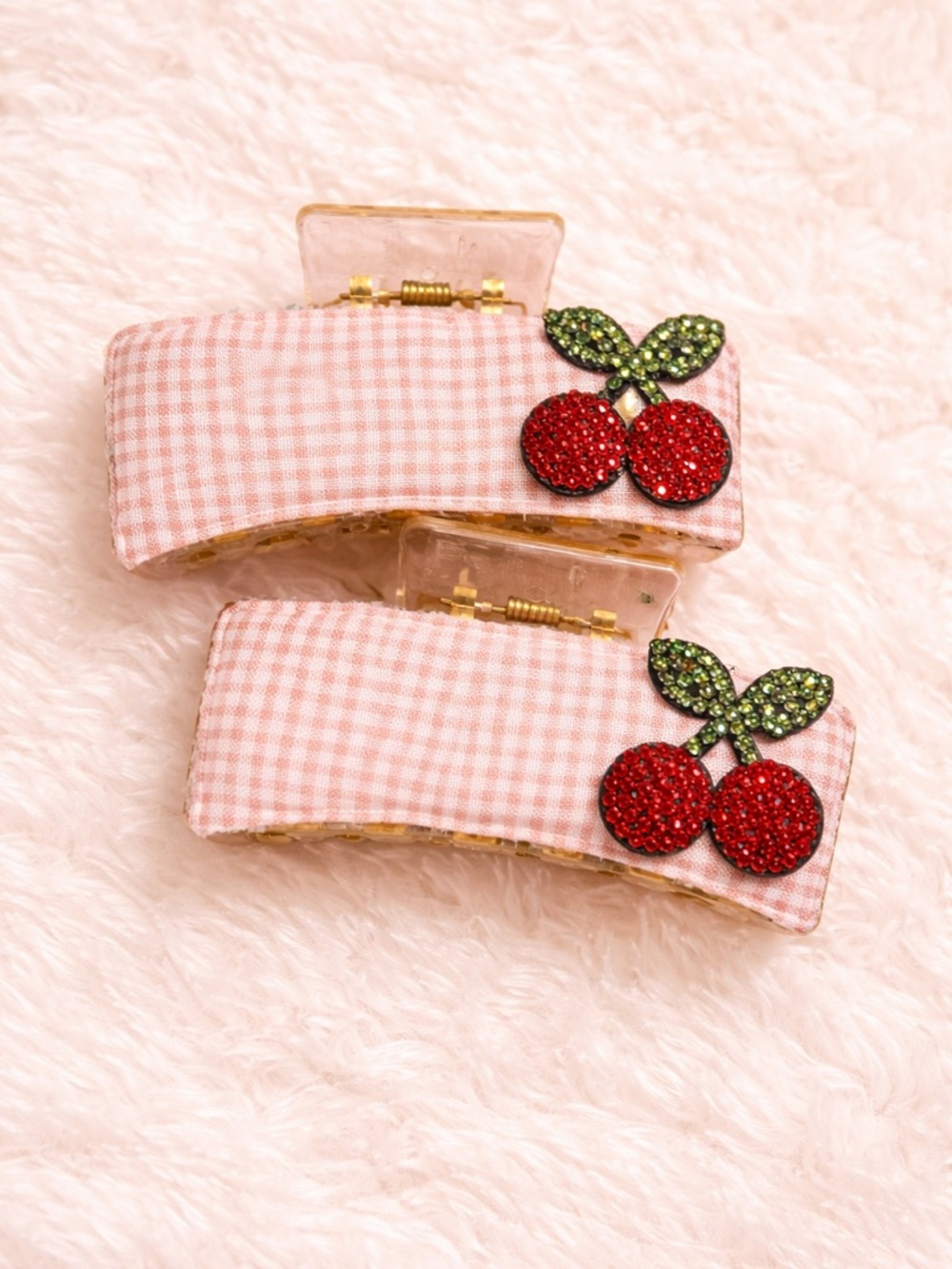 ⭐5for$30Bundle Deal/Mix & Match Items 
Handmade- Pink Gingham Cherry Hair Clips